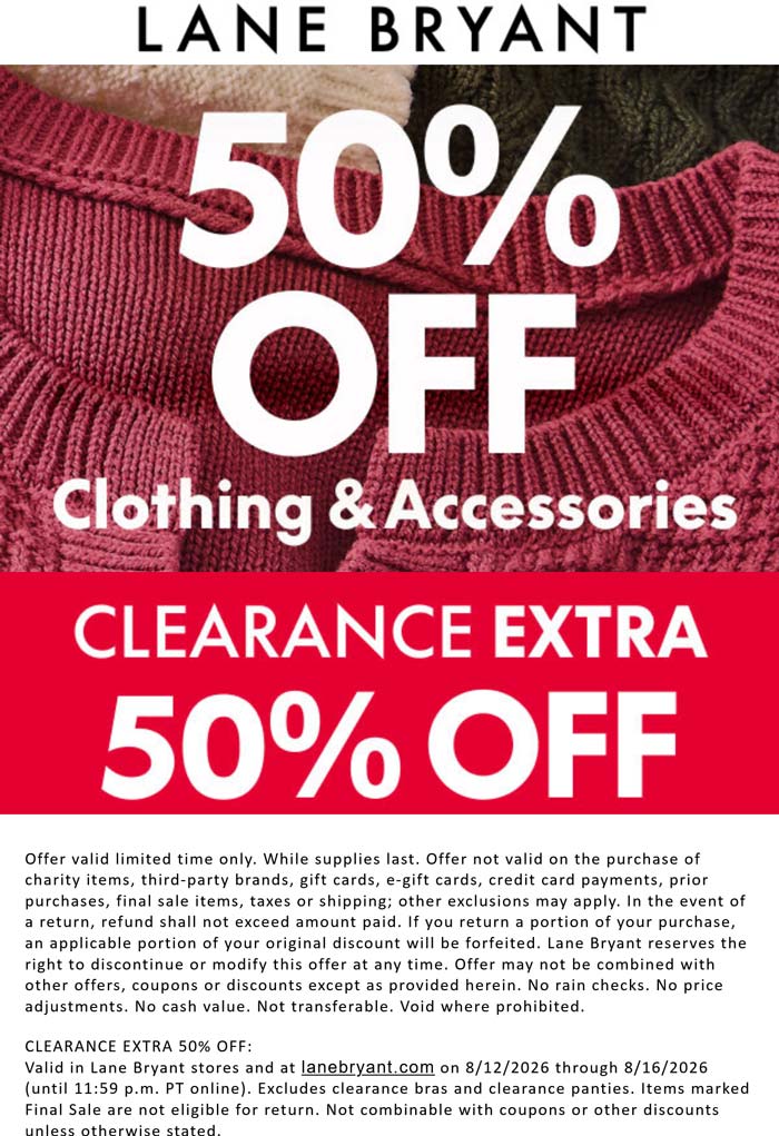 50% off at Lane Bryant, ditto online