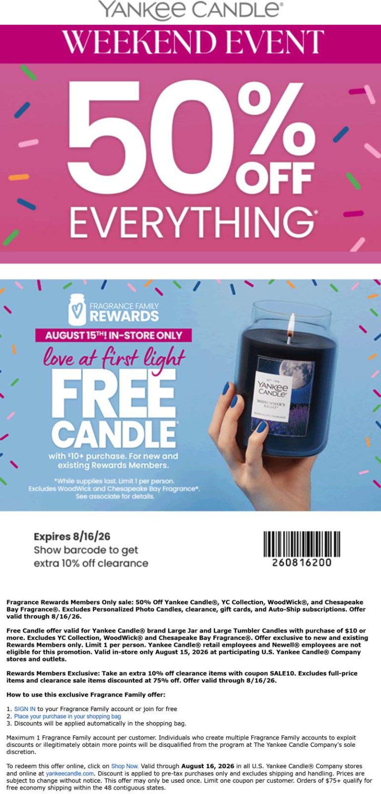 50% off everything + free candle on $10+ at Yankee Candle, or online via promo code SALE10