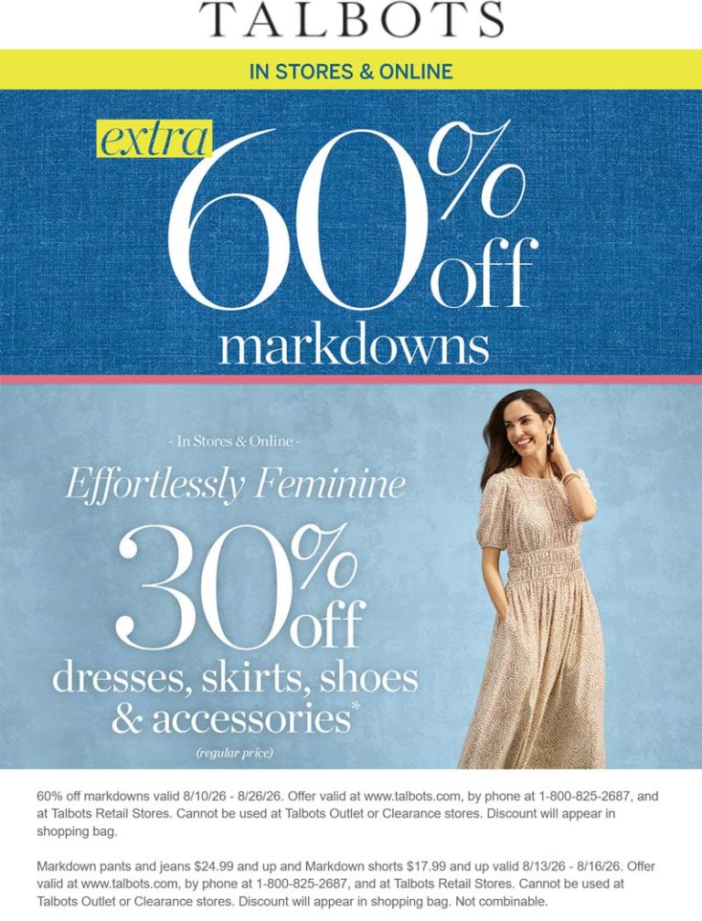 Extra 60% off sale items at Talbots, ditto online