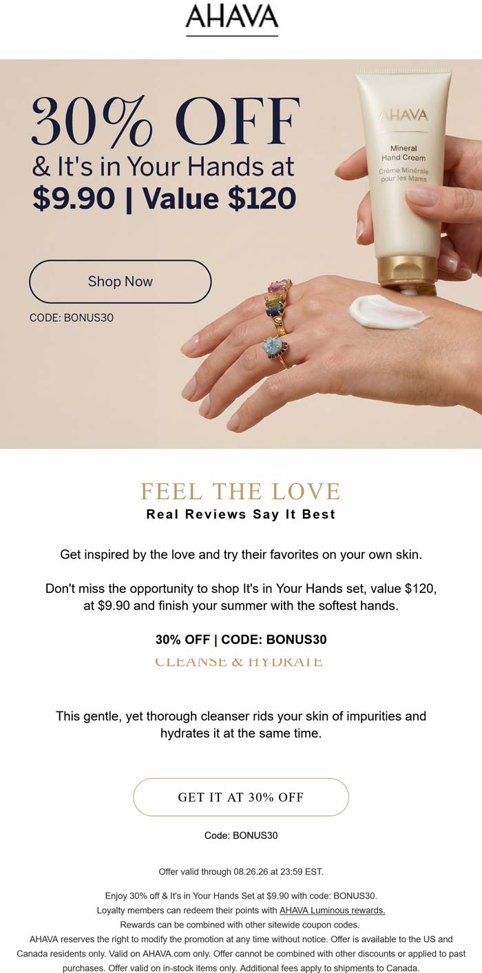 $120 hands set for $10 at AHAVA via promo code BONUS30
