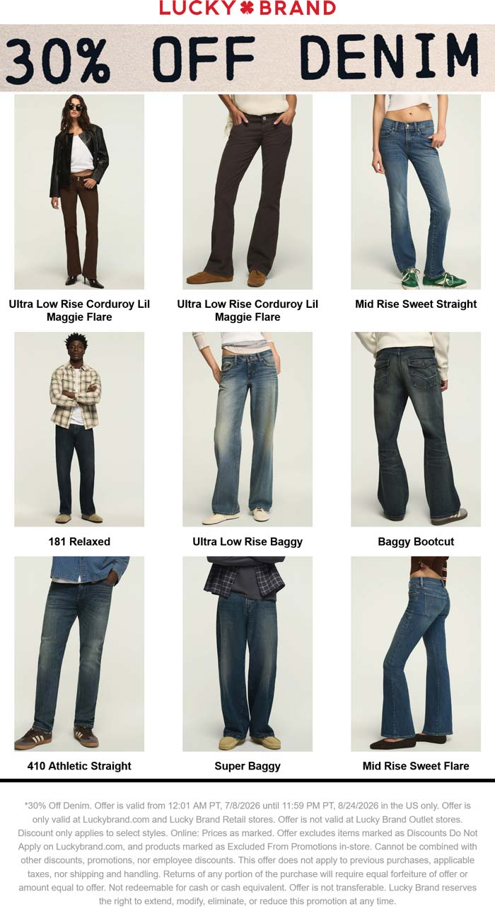 30% off denim at Lucky Brand, ditto online