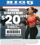 $20 off $100 today at Big 5 sporting goods, or online via promo code E260823 #big5 $20 off $100 today at Big 5 sporting goods, or online via promo code E260823 #big5