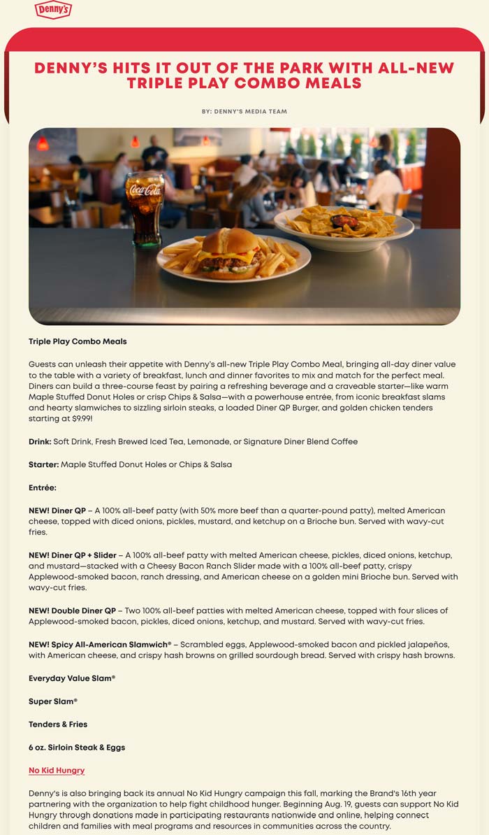 Various combo meals for $10 at Dennys restaurants