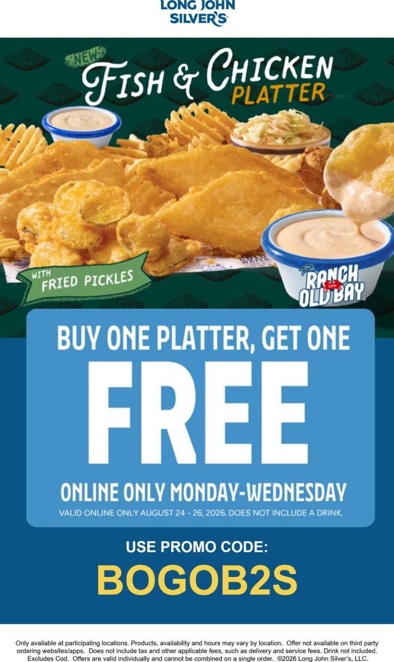 Second variety platter free at Long John Silvers restaurants via promo code BOGOB2S