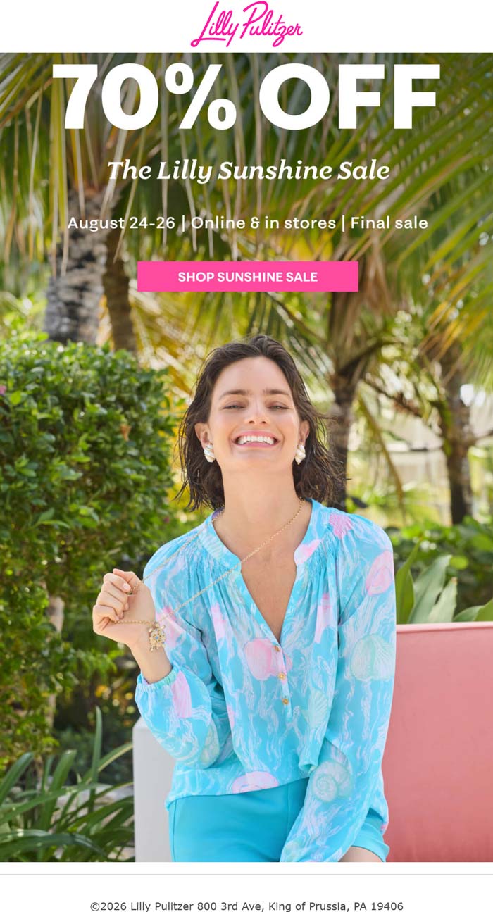 70% off clearance at Lilly Pulitzer, ditto online