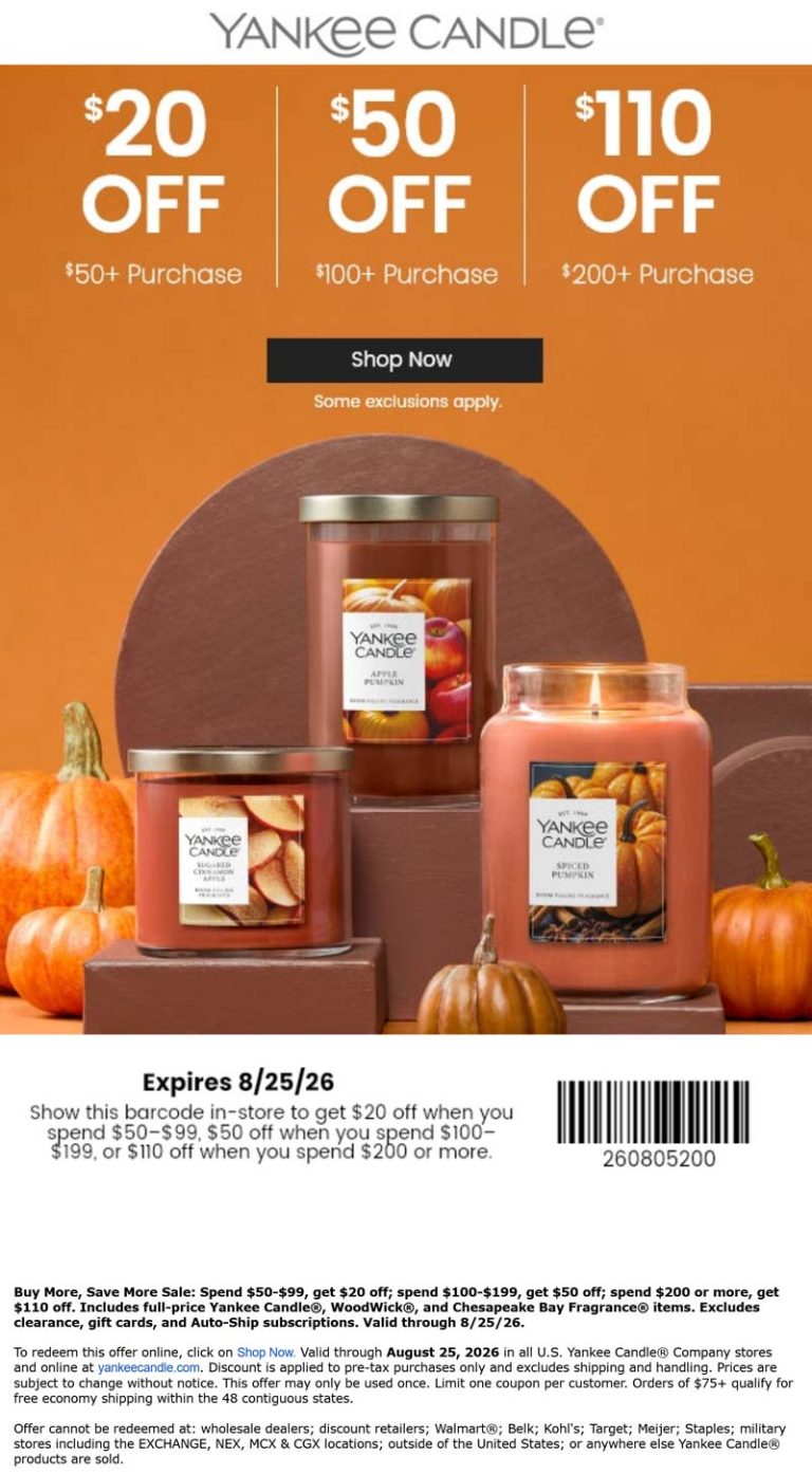 $20-$110 off $50+ at Yankee Candle, also online