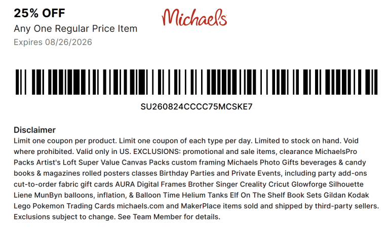 25% off a single item today at Michaels, or online via promo code CRE8WITH25