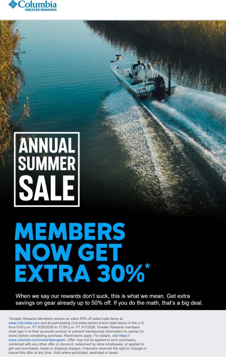 Extra 30% off via login at Columbia