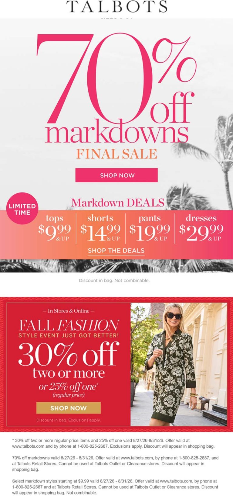 70% off sale items & more at Talbots, also online