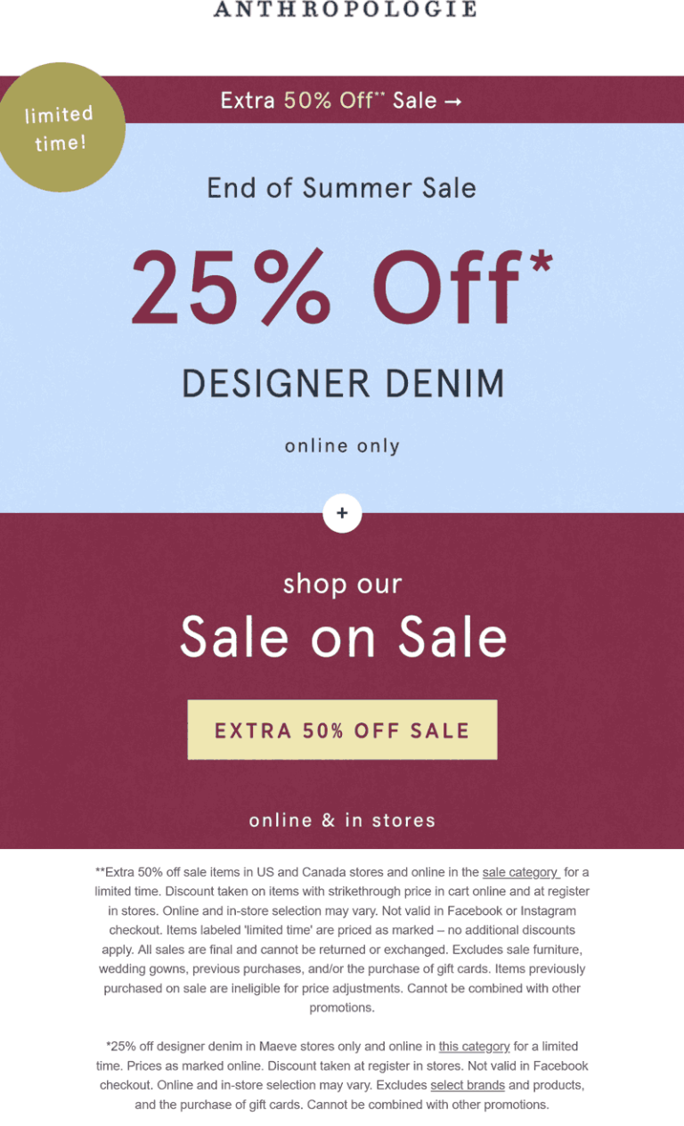 Extra 50% off sale items & more at Anthropologie, ditto online