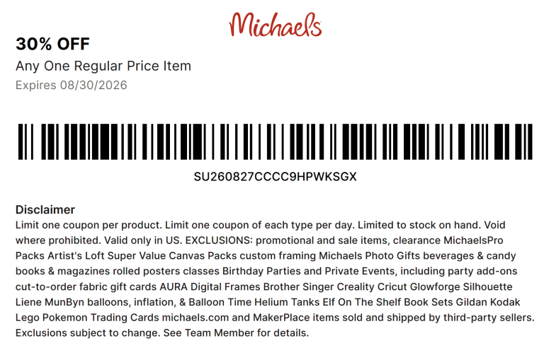 30% off a single item at Michaels, or online via promo code MAKEIT30