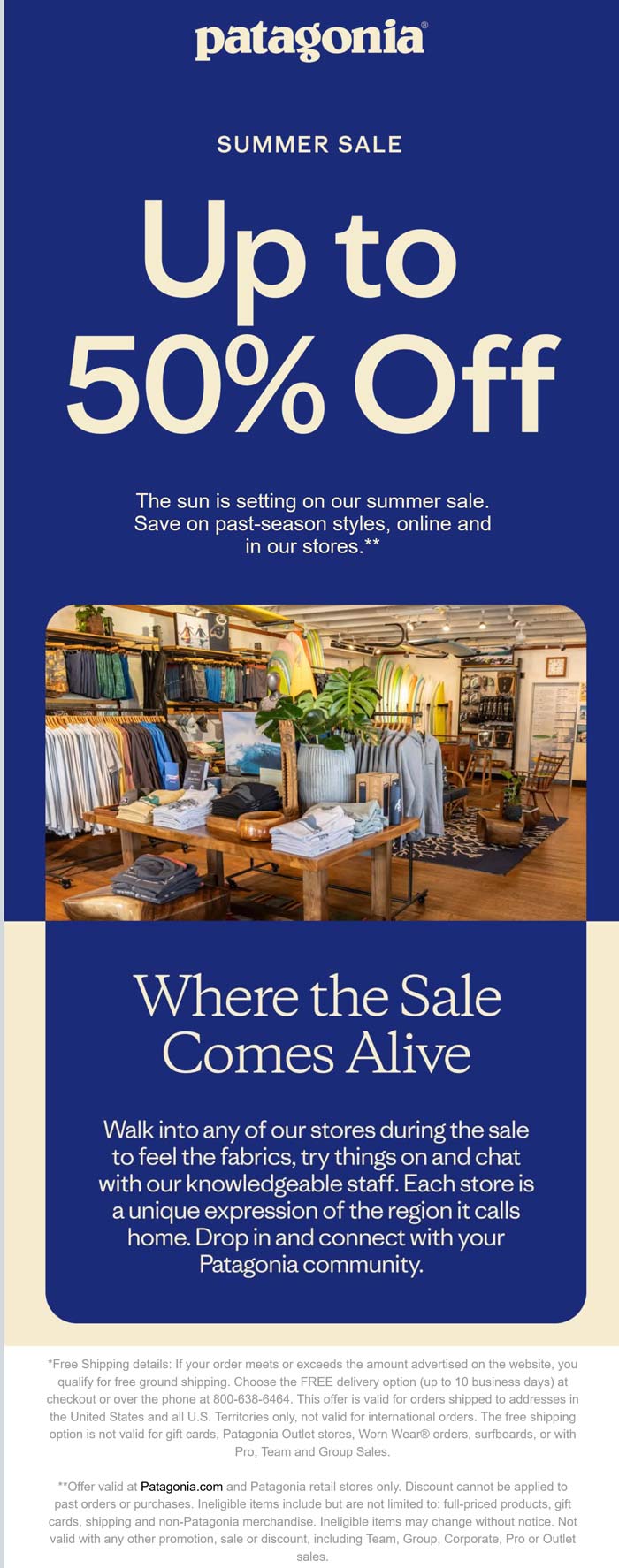 50% off summer styles at Patagonia, ditto online