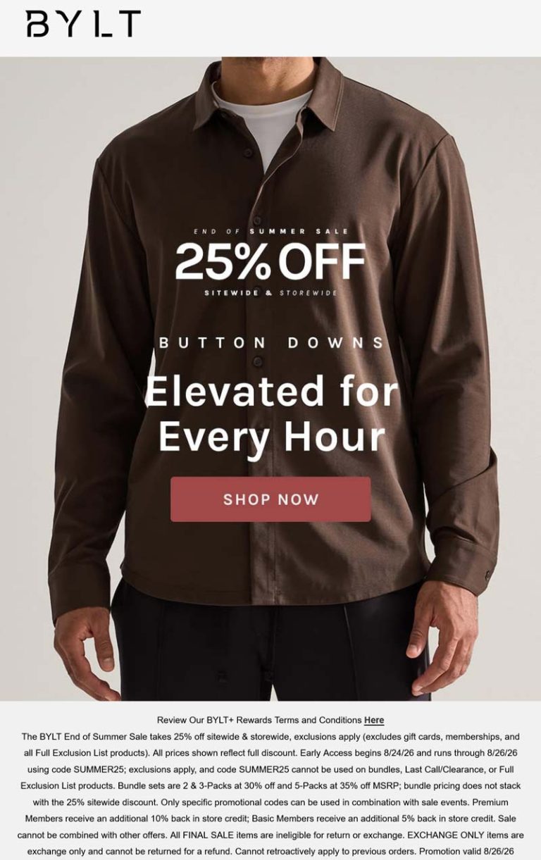 25% off everything at BYLT, or online via promo code SUMMER25