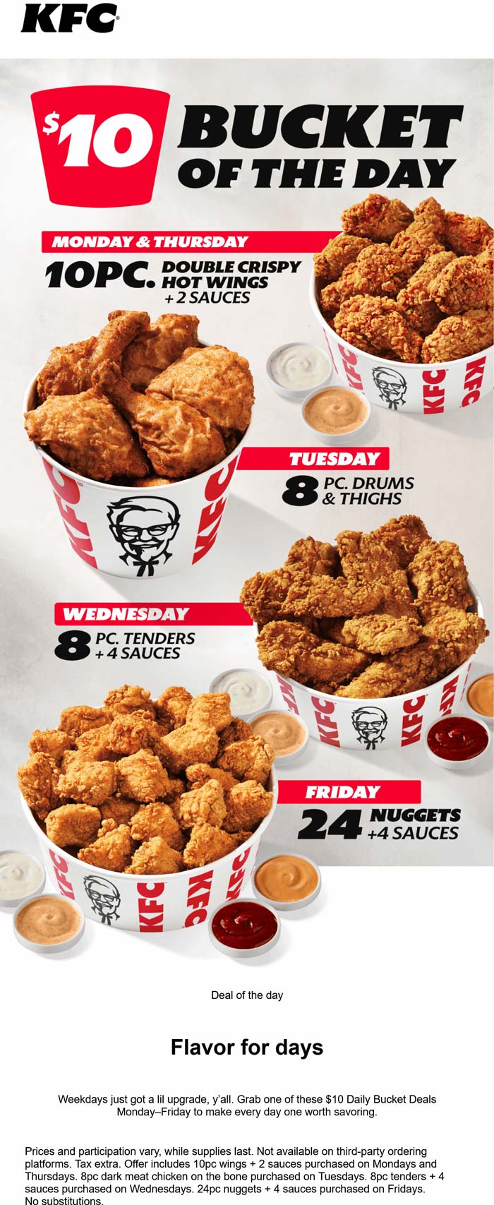 $10 chicken buckets weekdays at KFC