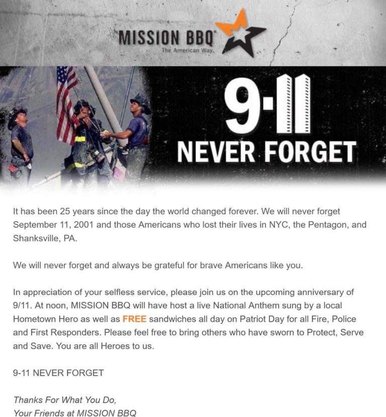 First responders enjoy a free sandwich the 11th at Mission BBQ