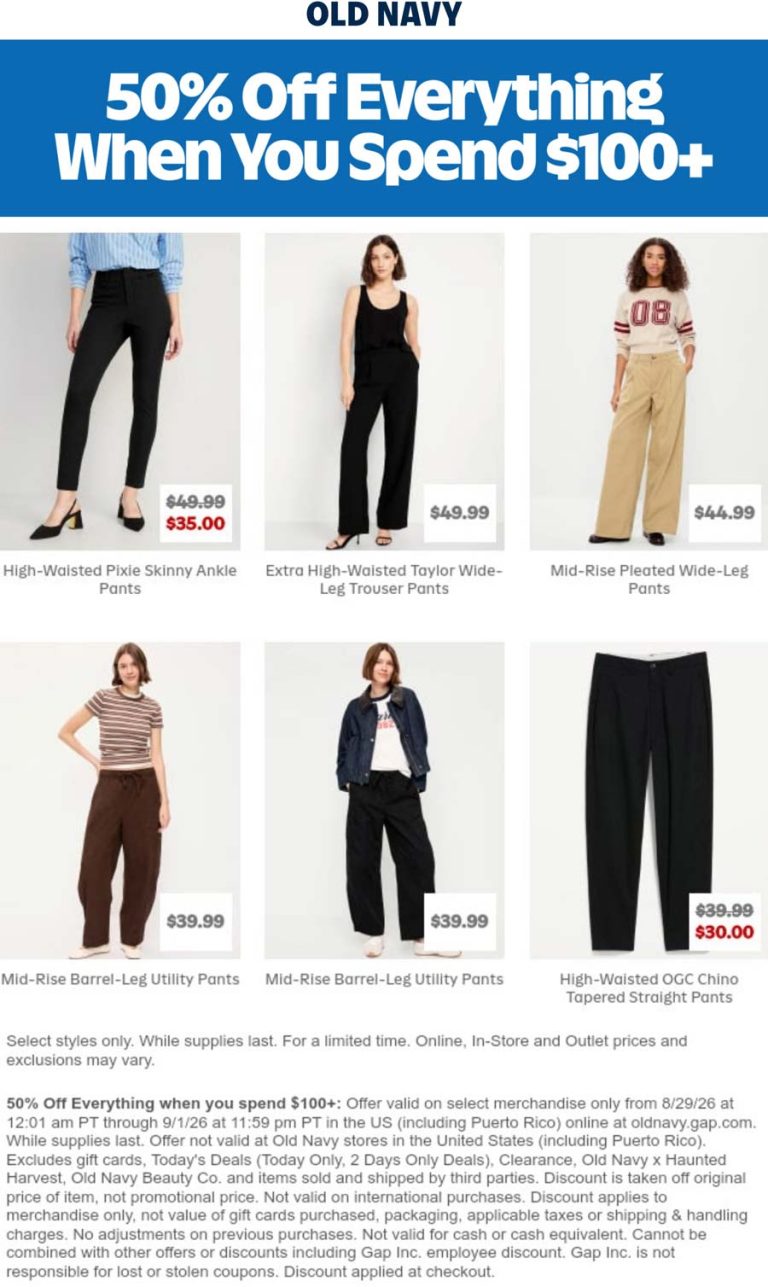 50% off $100+ online today at Old Navy