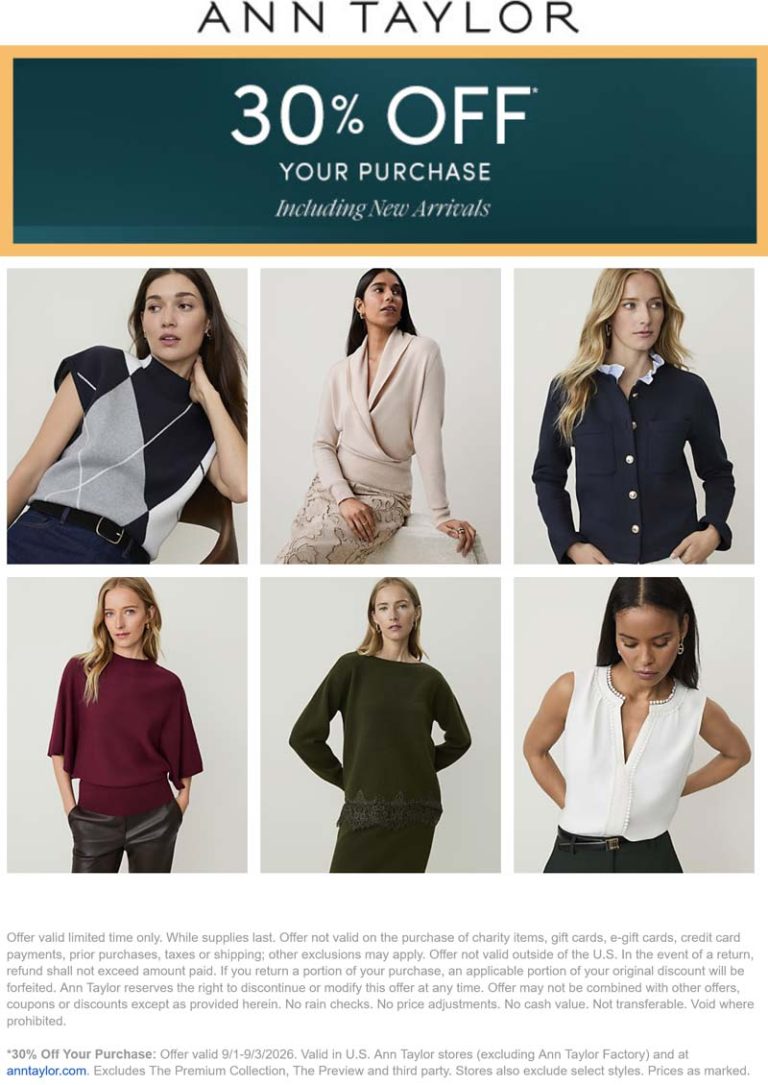 30% off at Ann Taylor, ditto online