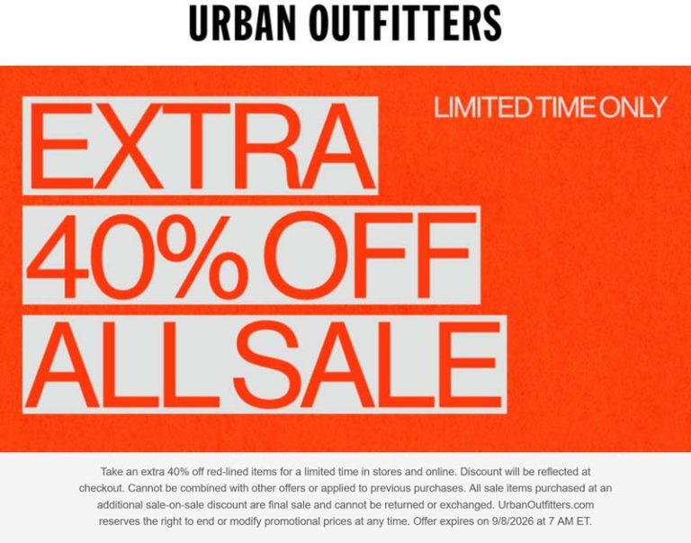 Extra 40% off sale items at Urban Outfitters, ditto online