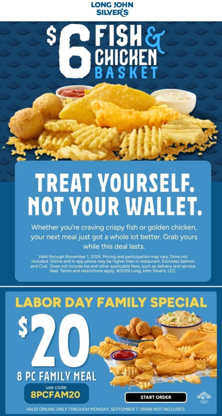 $6 fish & chicken basket + $20 family meal at Long John Silvers via promo code 8PCFAM20