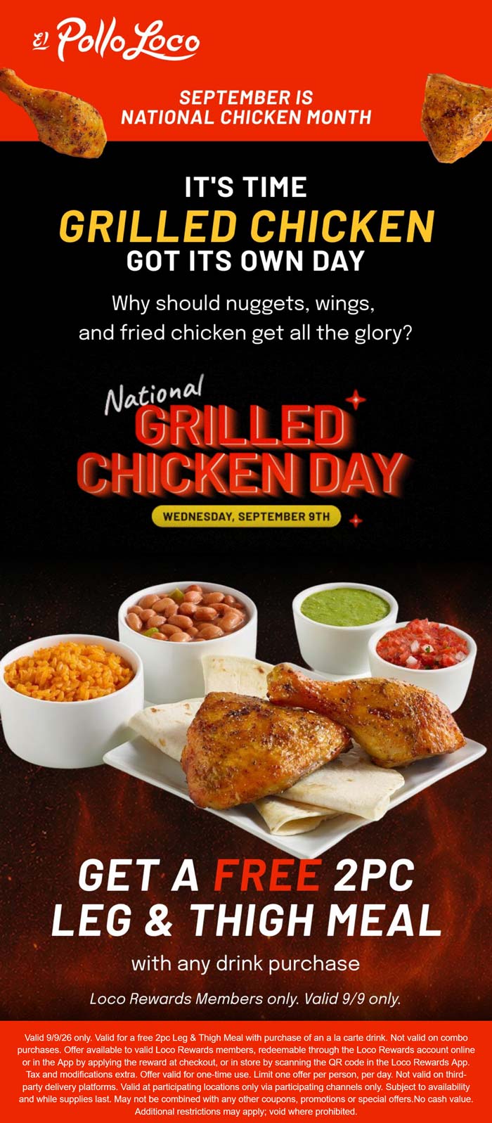 Free 2pc chicken meal with your drink Wednesday at El Pollo Loco