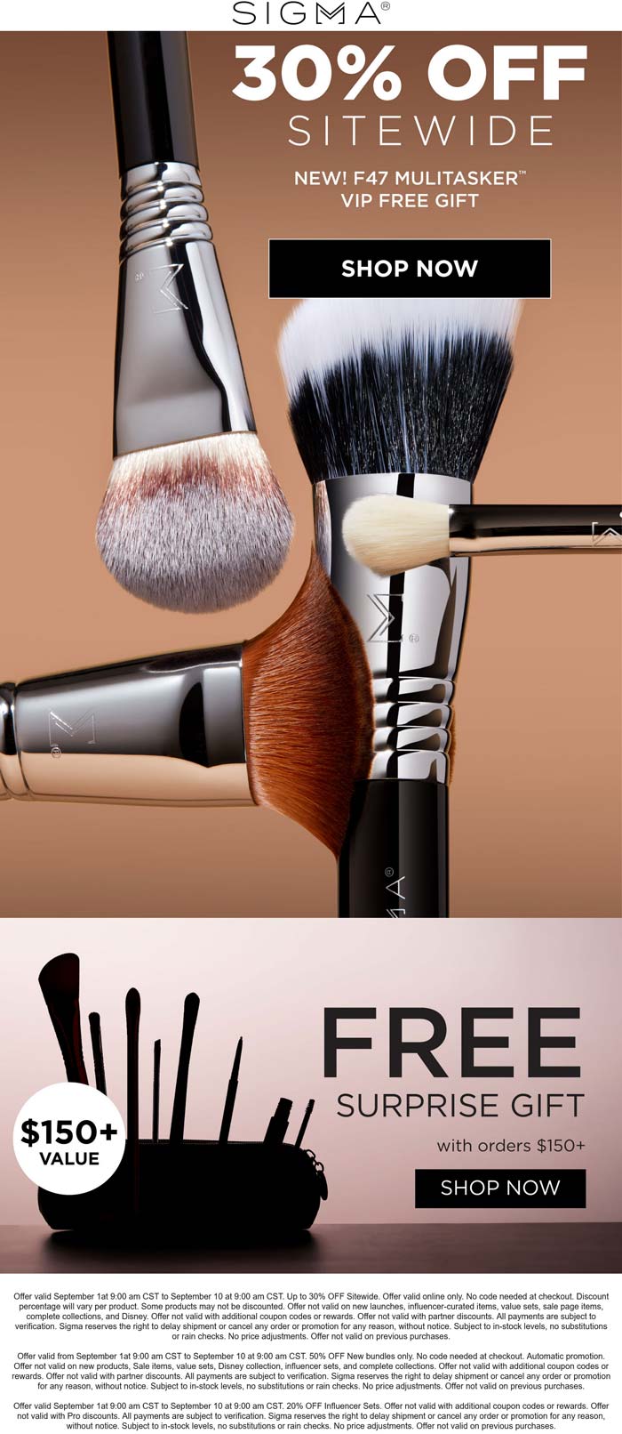 30% off everything + free gift on $150 at Sigma