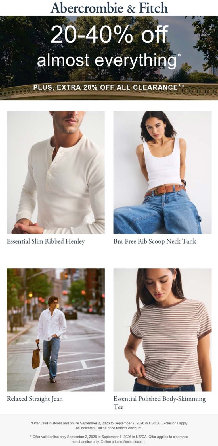 Abercrombie & Fitch coupon: 20-40% off everything today at Abercrombie & Fitch