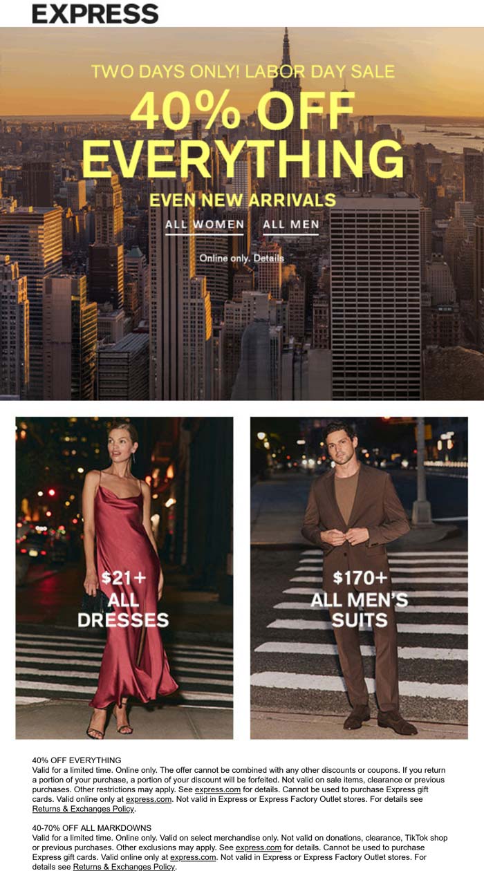 40% off everything online today at Express