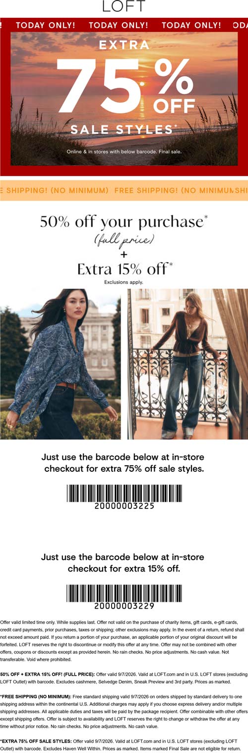 Extra 75% off sale styles & more today at LOFT, ditto online