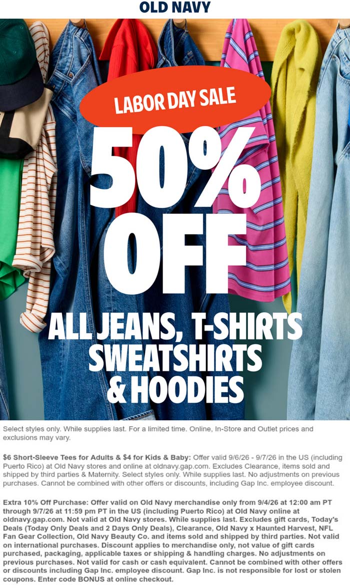 50% off all jeans tshirts sweatshirts & hoodies at Old Navy