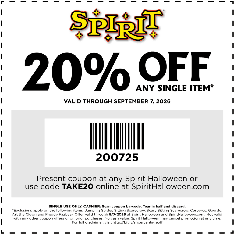 20% off a single item today at Spirt Halloween, or online via promo code TAKE20