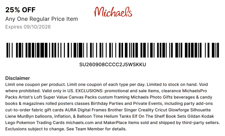25% off a single item at Michaels, or 40% online via promo code WOW40