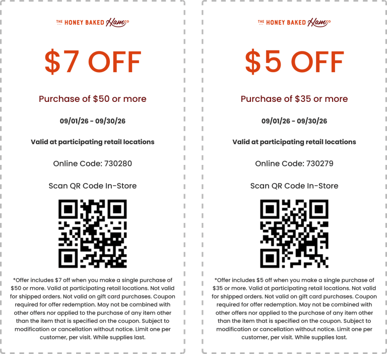 $5 off $35 & more at Honey Baked Ham restaurants, or online via promo code 730279