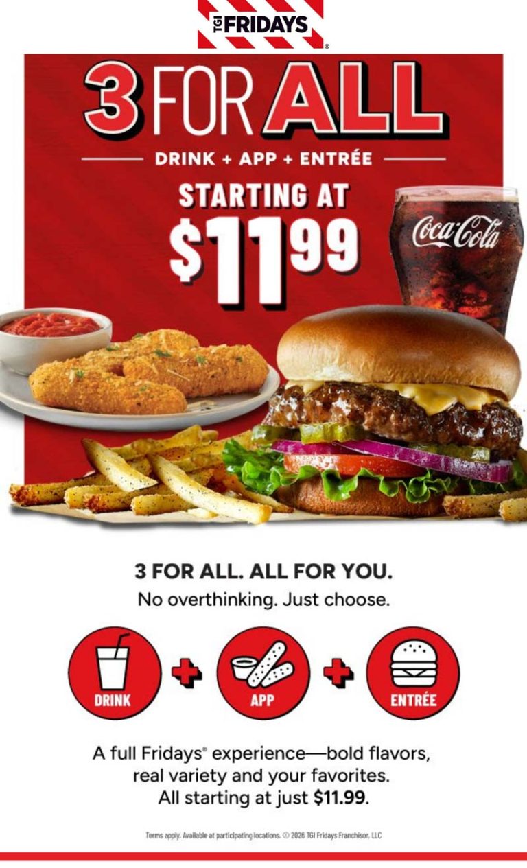 Appetizer + entree + drink = $12 at TGI Fridays