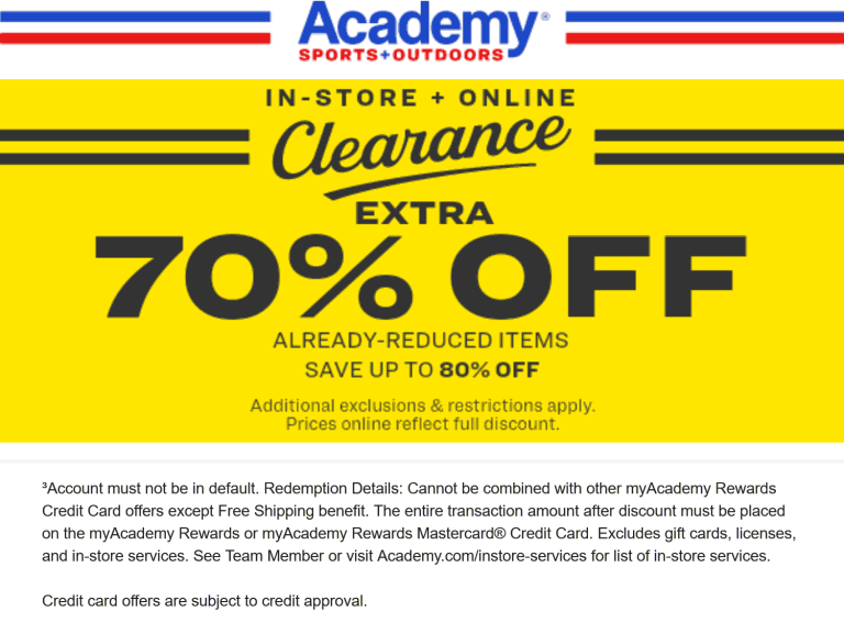 Extra 70% off clearance at Academy Sports + Outdoors, ditto online