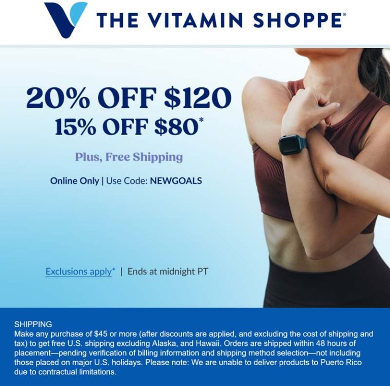 15-20% off $80+ today at The Vitamin Shoppe via promo code NEWGOALS