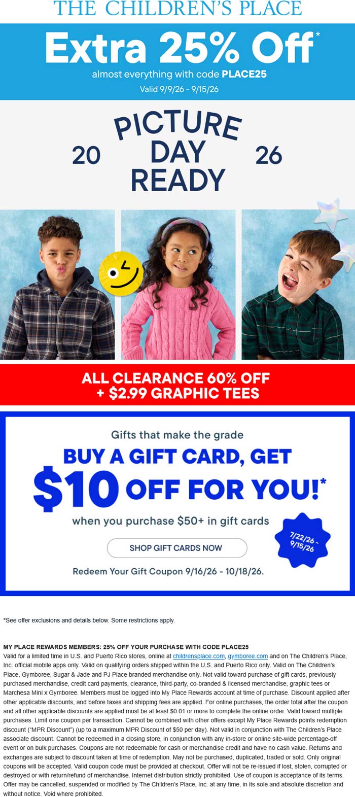Extra 25% off at The Childrens Place via promo code PLACE25