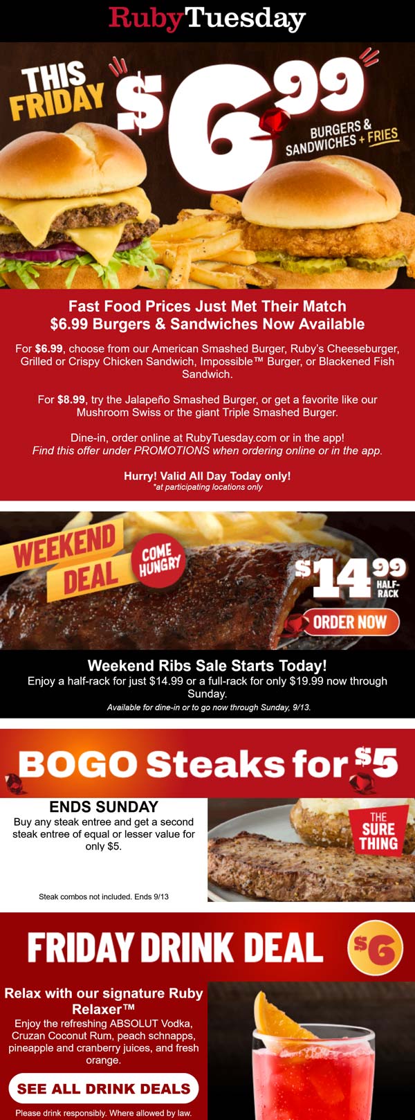 $7 burgers & sandwiches + fries today at Ruby Tuesday