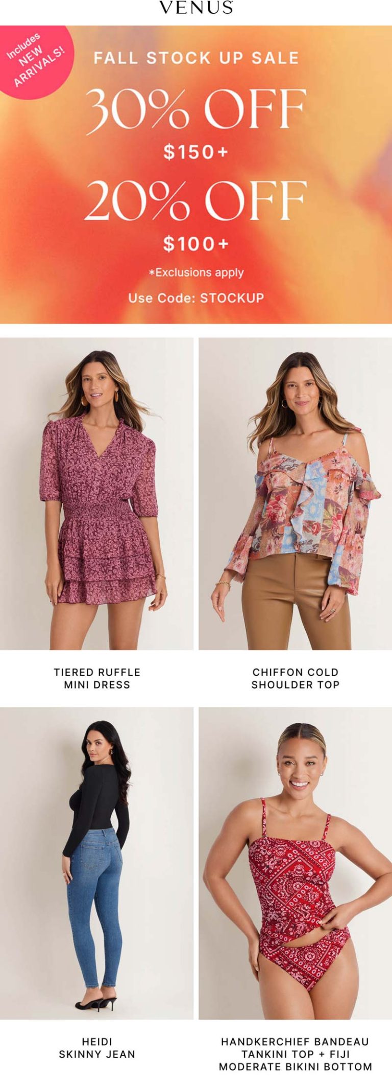 20-30% off $100+ at Venus via promo code STOCKUP