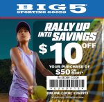 $10 off $50 today at Big 5 sporting goods, or online via promo code E260913 #big5 $10 off $50 today at Big 5 sporting goods, or online via promo code E260913 #big5