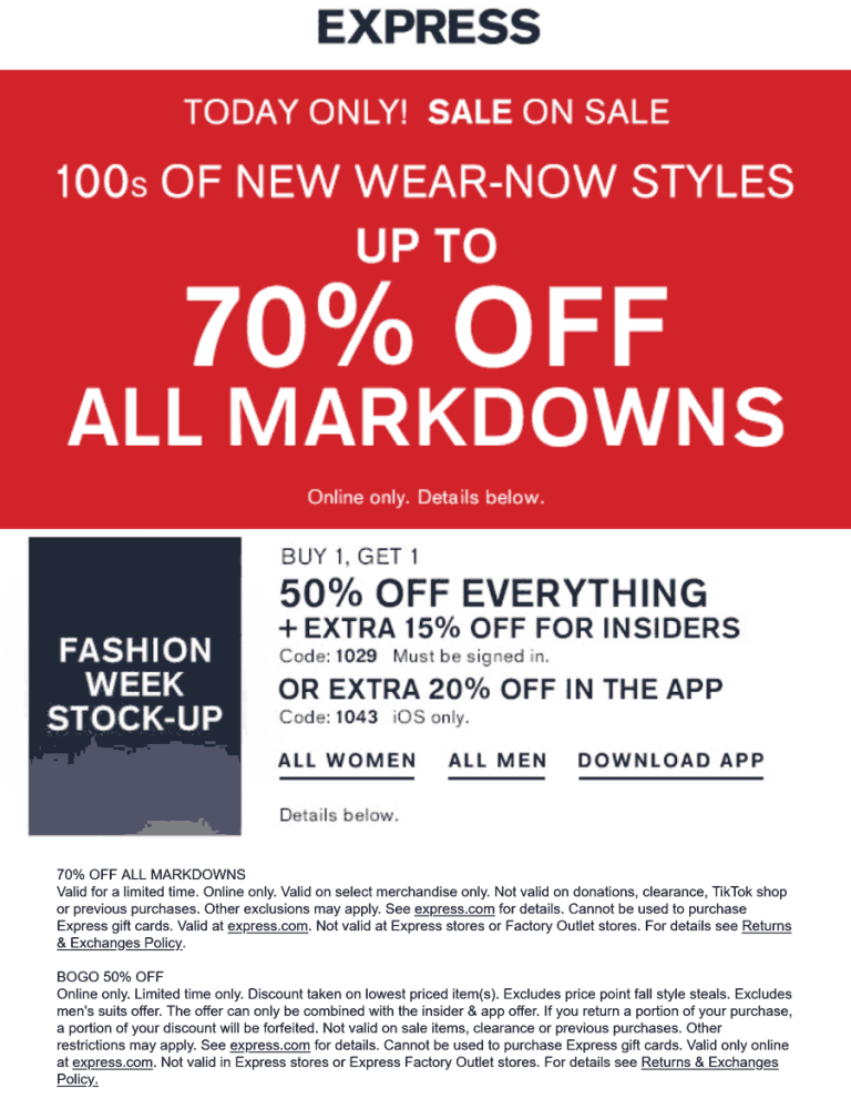 50-70% off everything online at Express via promo code 1029