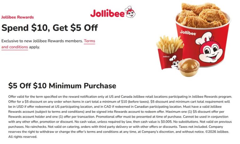 $5 off $10 via login at Jollibee restaurants