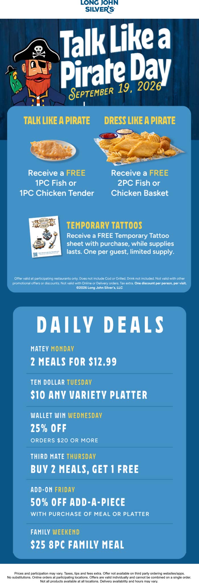Free food for talking or dressing like a pirate Saturday at Long John Silvers restaurants