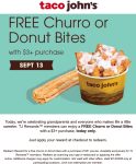 Free churro on $3 today at Taco Johns #tacojohns Free churro on $3 today at Taco Johns #tacojohns