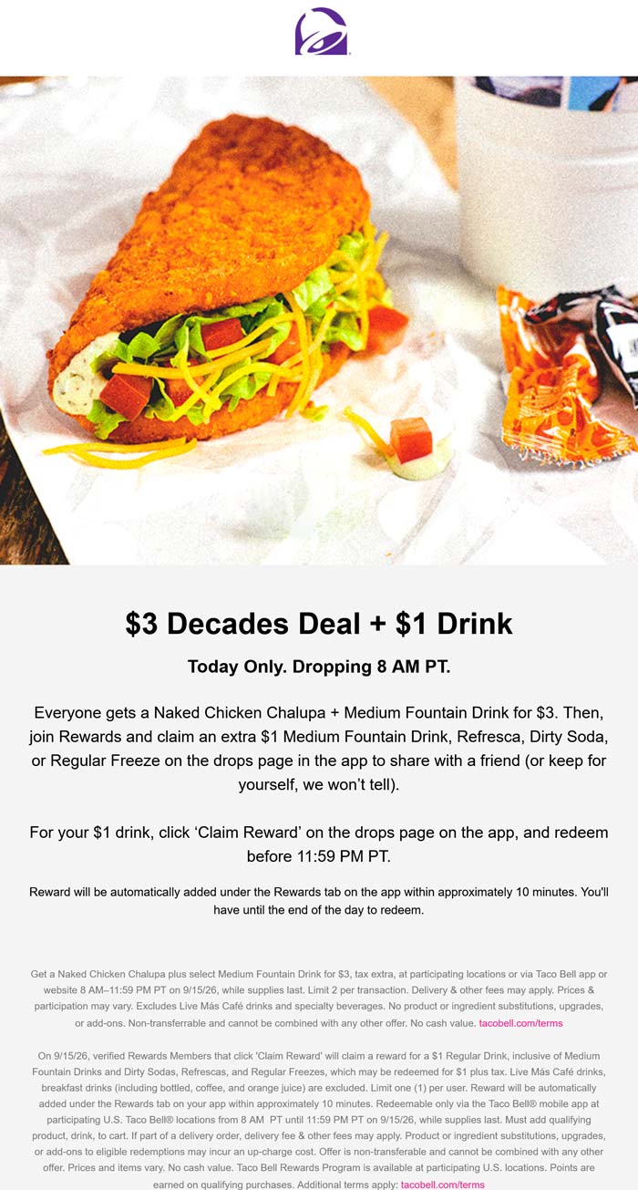 Chicken chalupa + drink = $3 today via login at Taco Bell