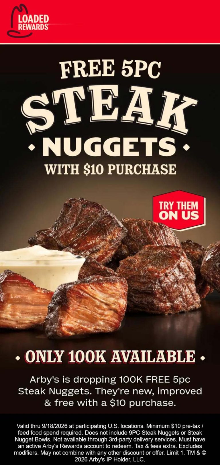 Free steak nuggets on $10 today at Arbys