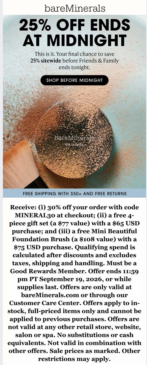25% off everything online today at bareMinerals via promo code MINERAL30