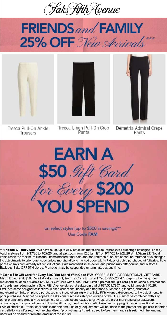 25% off new arrivals & more at Saks Fifth Avenue, or online via promo code FAM