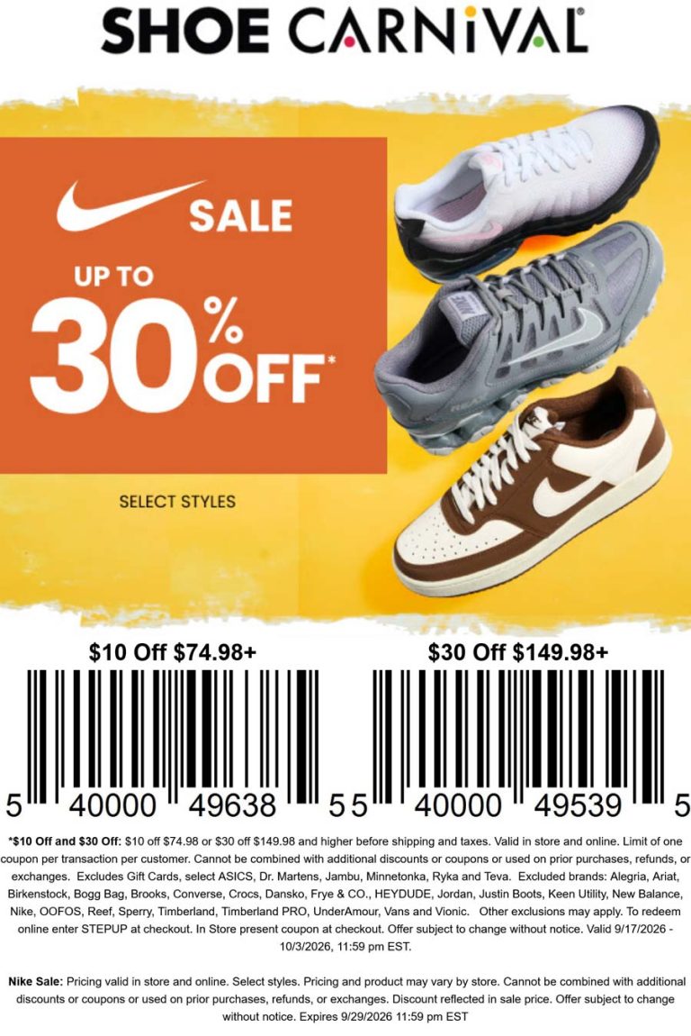 $10-$30 off $75+ & more at Shoe Carnival, or online via promo code STEPUP