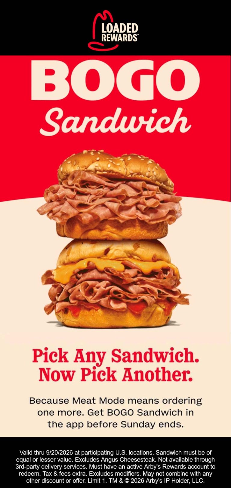 Second sandwich free via login today at Arbys