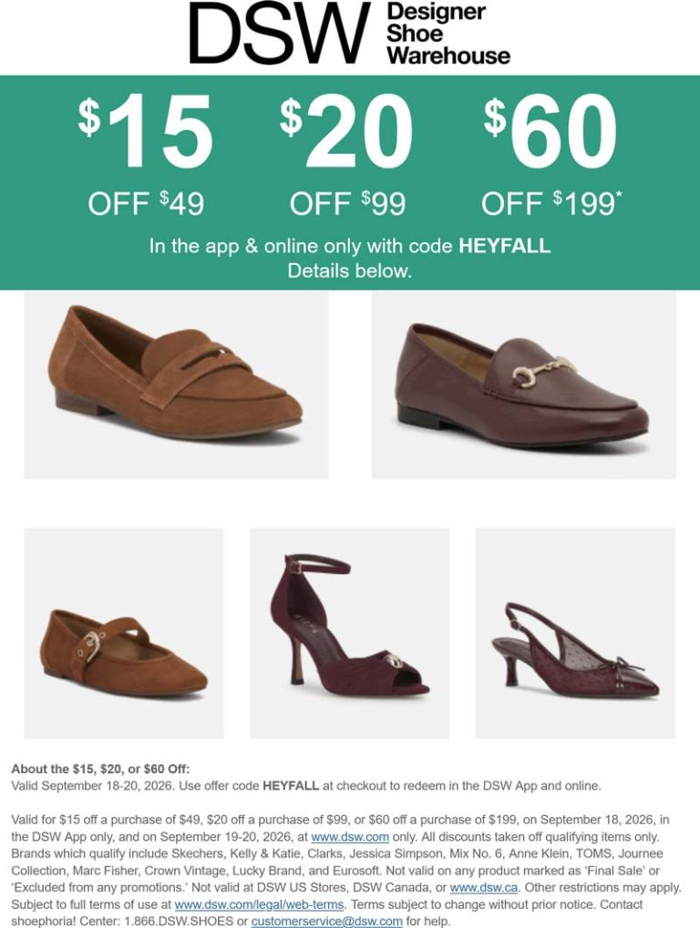$15-$60 off $49+ online today at DSW shoes via promo code HEYFALL